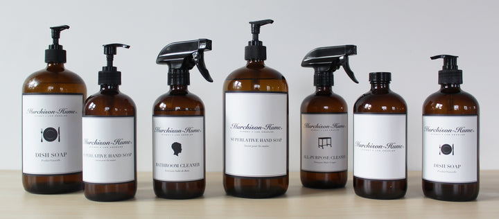 glass bottles with custom labels. cleaning products, hand soap and dish soap