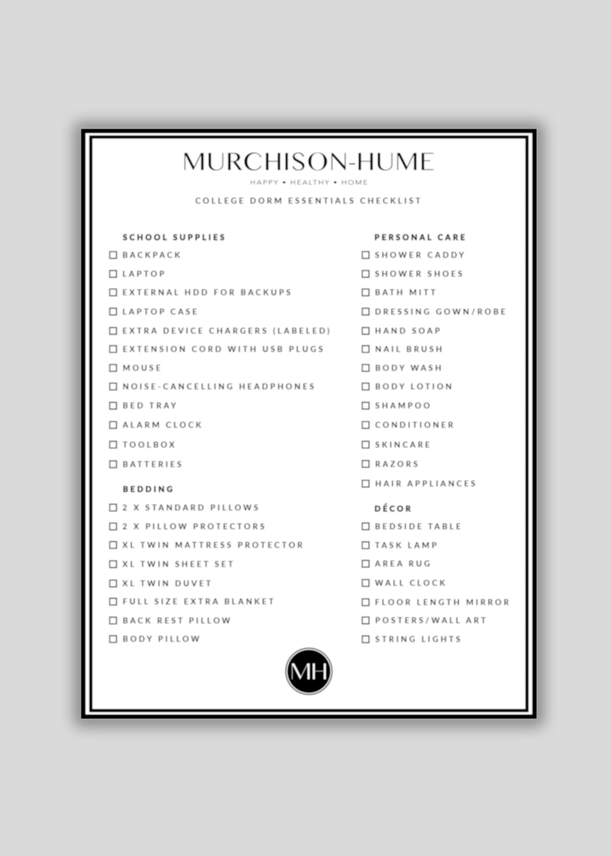 College Dorm Essentials Checklist – Murchison-Hume USA