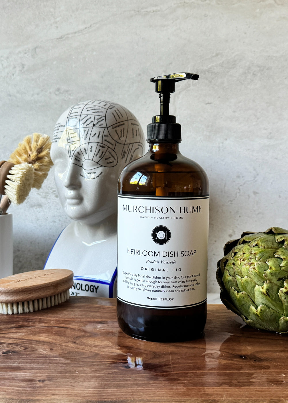 Plant-based dish soap in elegant 32oz amber glass bottle with Original Fig scent made in USA