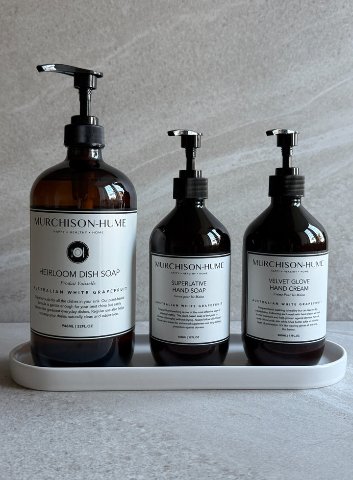 Heirloom Kitchen Bundle Set with glass bottle dish soap hand soap and hand cream on ceramic tray